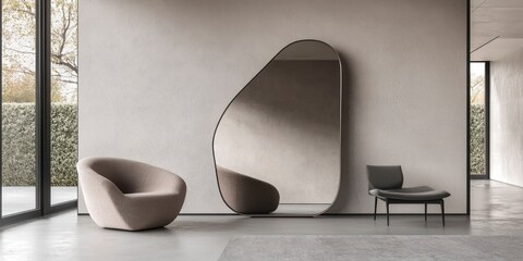 Contemporary living room with large blob mirror and neutral furniture  