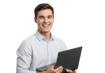 Smiling man holding a laptop isolated on transparent background