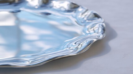 Close-up shot of puddle-shaped mirror mounted on light wall with flowing chrome surface and gentle wave distortions