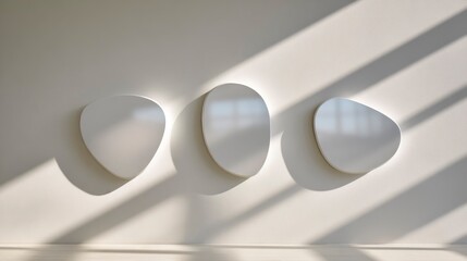 Small blob mirrors arranged as wall installation with soft daylight, concept of Liquid mirrors  