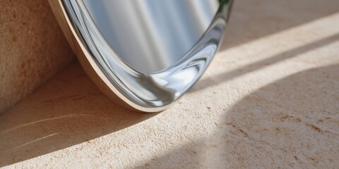 Organic puddle-shaped mirror mounted on minimal wall with liquid chrome surface  