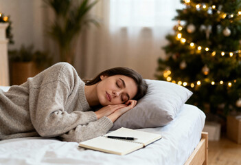 Fototapeta premium Cozy winter nap - caucasian female young sleeping peacefully near christmas tree