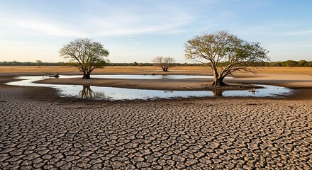Arid landscape with cracked earth and scattered trees near a dwindling water source under a clear sky