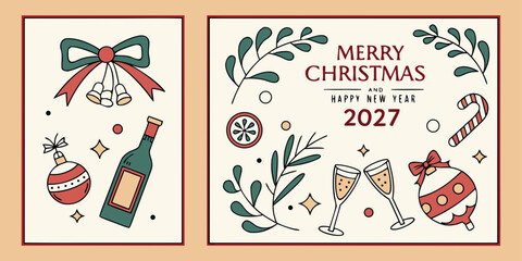 2027 Holiday Greeting Card Vector &ndash; Champagne Glasses, Candy Canes, Ornaments, Gifts, and Festive Foliage in Cheerful Dual Panel Design