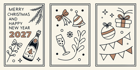 2027 Holiday Greeting Card Vector &ndash; Champagne, Candy, Ornaments, Gifts, and Foliage in Minimalist Three-Panel Design