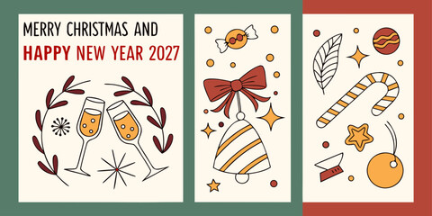 2022 Holiday Greeting Card Vector &ndash; Champagne Glasses, Candy, Ornaments, Cookies, and Santa Hat in Festive Three-Panel Design
