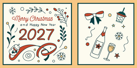 2027 Holiday Greeting Card Vector &ndash; Champagne, Cupcake, Ornaments, Holly, and Ribbon Greeting in Festive Dual Panel Design