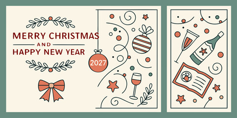 2027 Holiday Greeting Card Vector &ndash; Wine Bottles, Glasses, Ornaments, Holly, and Ribbons in Festive Dual Panel Design