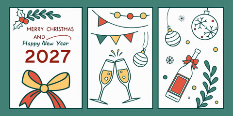 2027 Holiday Greeting Card Vector &ndash; Champagne, Clinking Glasses, Ornaments, Holly, and Bows in Festive Three-Panel Design