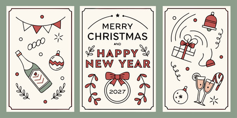 2024 Holiday Greeting Card Vector &ndash; Champagne, Clinking Glasses, Ornaments, Bells, Candy Canes, and Festive Decor in Three-Panel Design