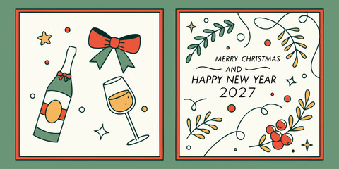 Merry Christmas & Happy New Year 2027: Champagne & Holly Vector for Festive Holiday Greeting Design