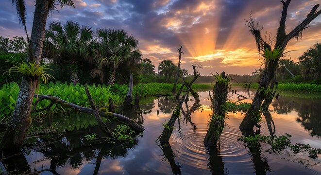 A swamp landscape with dead trees and bromeliads at sunset creating a serene and natural scene