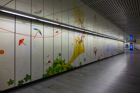 Interior of Praterstern station, a transfer station between the U1 and U2 lines of the Vienna U-Bahn. It opened in 1981. VIENNA, AUSTRIA. December 28, 2025: