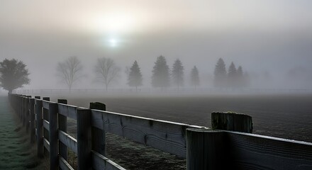 A foggy landscape with a wooden fence leading to trees obscured by the heavy mist in the distance