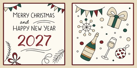 Merry Christmas & Happy New Year 2027 &ndash; Champagne, Ornaments, and Gift Box in a Red-Green-Gold Holiday Design