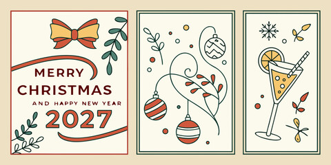 Merry Christmas & Happy New Year 2027 &ndash; Ornaments, Bow, and Cocktail in a Whimsical Holiday Design