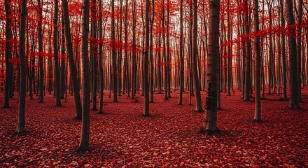 A dense forest with tall trees and a ground covered in red leaves during the autumn season landscape