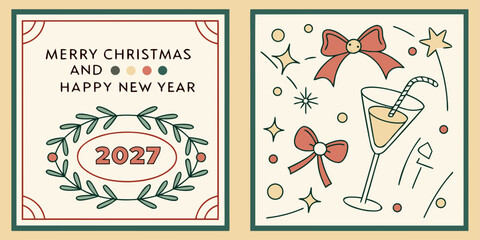 Merry Christmas & Happy New Year 2027 &ndash; Wreath, Cocktail, and Red Bows in a Cheerful Holiday Design