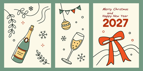 Merry Christmas & Happy New Year 2027 &ndash; Champagne, Ornaments, and Red Bow in a Festive Three-Panel Holiday Design