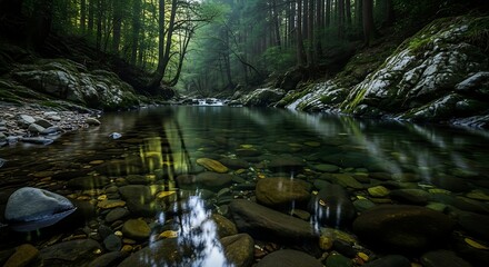 A serene river flows through a dense forest with rocks and trees reflecting in the water surface