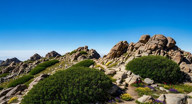 A scenic mountain landscape with rocky terrain and vibrant vegetation under a clear blue sky above the horizon - Powered by Adobe