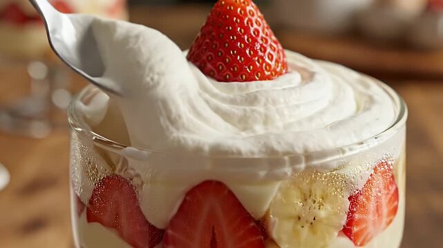 Strawberry Banana Trifle Dessert - A close-up shot features a delicious trifle dessert in a clear glass, layered with fresh strawberries, banana slices, and creamy custard.