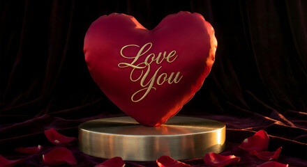 Red heart shaped velvet pillow with gold love you text, romantic valentine day composition with rose petals on golden podium, luxury dark red fabric background, for wedding, anniversary, gift, banner.