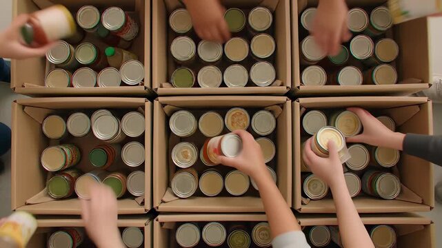 Overhead view of volunteer hands sorting canned food into cardboard boxes, organizing humanitarian aid donations for community relief.