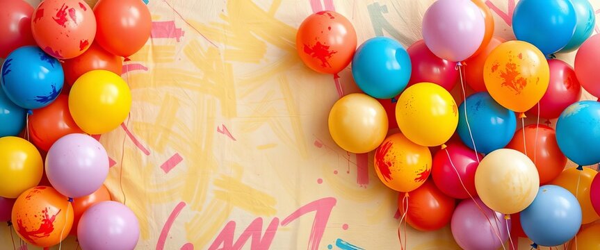 Vibrant painted balloons forming an abstract backdrop,  celebration background,  happy - Powered by Adobe