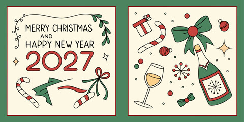 Merry Christmas & Happy New Year 2027 &ndash; Candy Canes, Champagne, and Gifts in a Classic Holiday Design