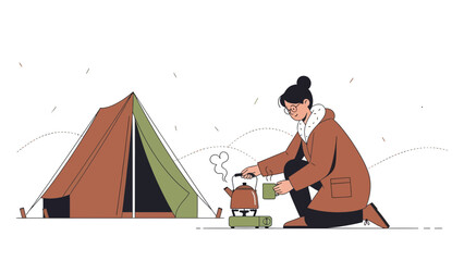 Cozy Camping Scene With Woman Making Tea Near Tent Minimalist Illustration