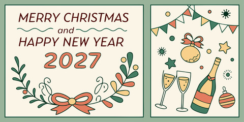 Merry Christmas & Happy New Year 2027 &ndash; Champagne, Ornaments, and Red-Green Ribbon in a Festive Holiday Card