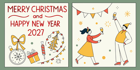 Merry Christmas & Happy New Year 2027 &ndash; Christmas Tree, Midnight Toast, and Gift Celebration in a Bold Holiday Design