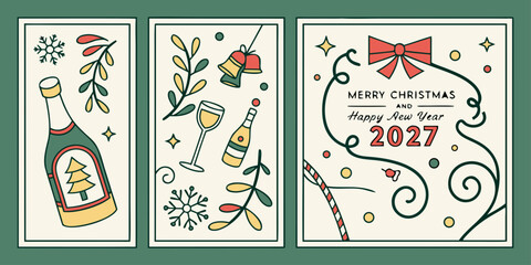 Merry Christmas & Happy New Year 2027 &ndash; Champagne, Bells, and Candy Cane in a Festive Holiday Trio