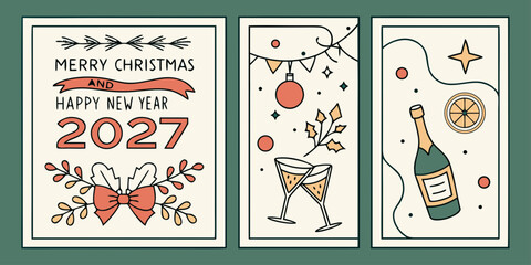 Merry Christmas & Happy New Year 2027 &ndash; Holly, Champagne Toast, and Orange Slice in a Festive Holiday Card
