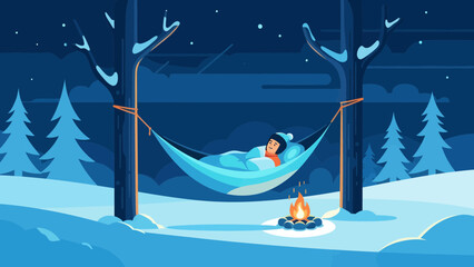 Cozy Winter Camping Person Relaxing In Hammock With Bonfire At Night