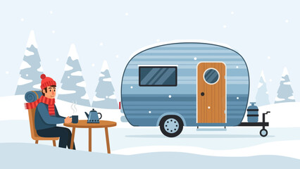 Cozy Winter Camping Scene With A Man Enjoying Hot Drink Outside His Caravan