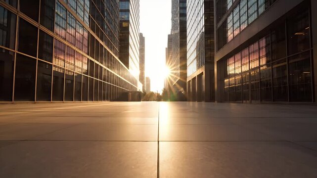 Sunrise Between Modern Skyscrapers - The video captures a stunning sunrise between two parallel skyscrapers, reflecting a warm glow on their glass facades.