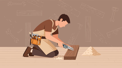Craftsman Working On A Wood Project With Carpentry Tools And Wood Planks