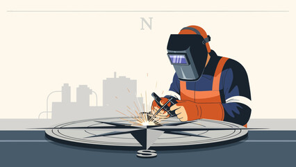 Craftsman Skillfully Welds Metal Component on Compass Rose Backdrop