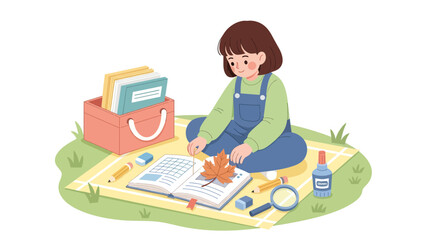 Creative Autumn Hobby Illustration Of A Girl Enjoying Crafting Nature Elements