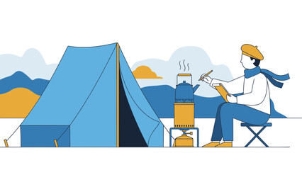 Creative Camping Illustration Of A Person Painting In Nature Near Tent