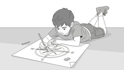 Creative Boy Lying On Floor Drawing Compass Rose Sketch On Paper