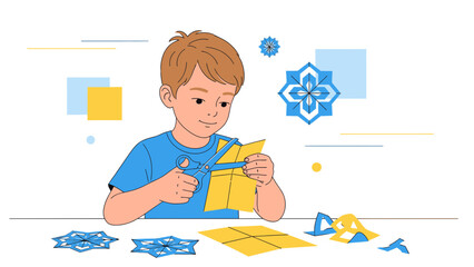 Creative Boy Making Paper Snowflake Decorations For Winter Holidays With Scissors