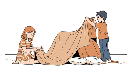 Creative Children Building An Indoor Fort With Pillows And A Blanket Together