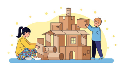 Creative Children Building Cardboard Fort Together Having Fun Crafting Project