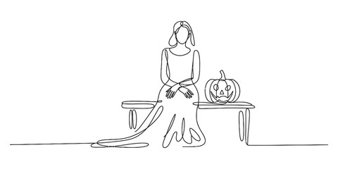 Continuous line drawing of a woman sitting next to a halloween pumpkin on a table Vector, illustration