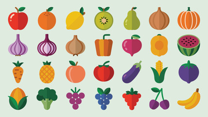 Collection of Flat Design Icons of Fruits and Vegetables colorful