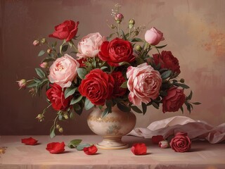 Romantic Valentine's Day 2026 oil painting style still life featuring luxurious red and pink roses in ornate golden vase. Timeless love expression perfect for elegant greeting cards and wall art.