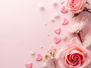 Elegant Valentine's Day 2026 love background with soft pink roses, white flowers, heart decorations, creating romantic frame with generous copy space ideal for custom messages and branding